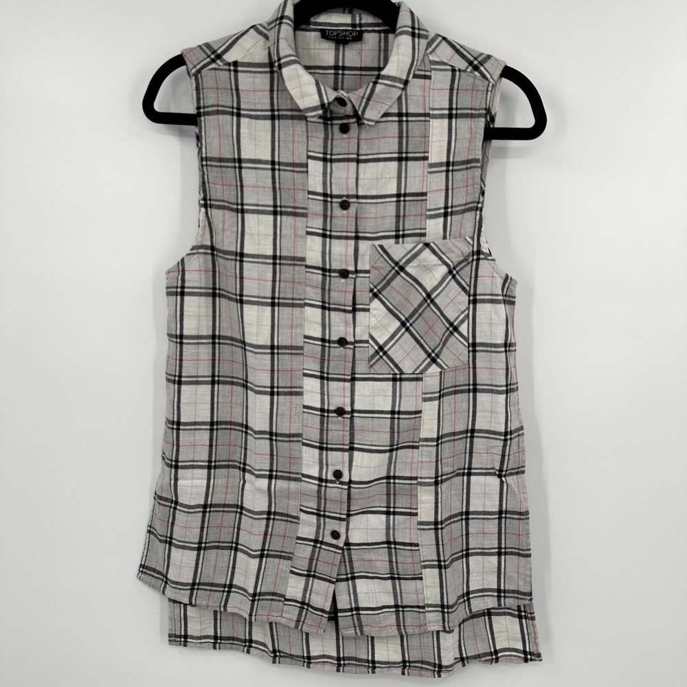 Topshop Shirt Womens 4 Gray Plaid Flannel High Low Sleeveless Pocket Button Down
